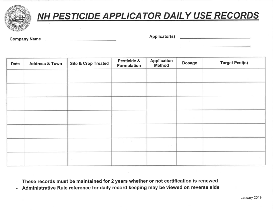 New Hampshire Nh Pesticide Applicator Dailyuse Records Fill Out, Sign