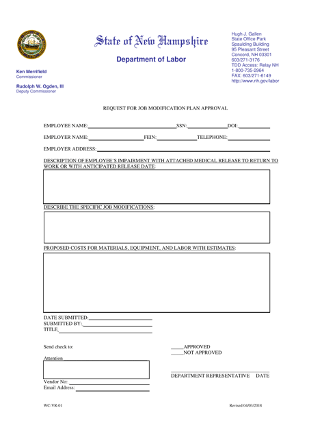 Form WC-VR-01 Request for Job Modification Plan Approval - New Hampshire