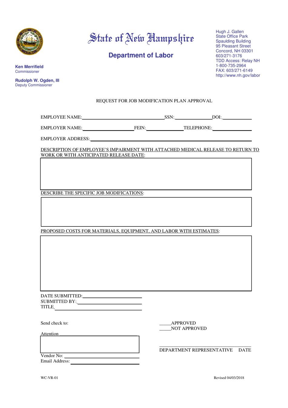 Form WC-VR-01 Request for Job Modification Plan Approval - New Hampshire, Page 1