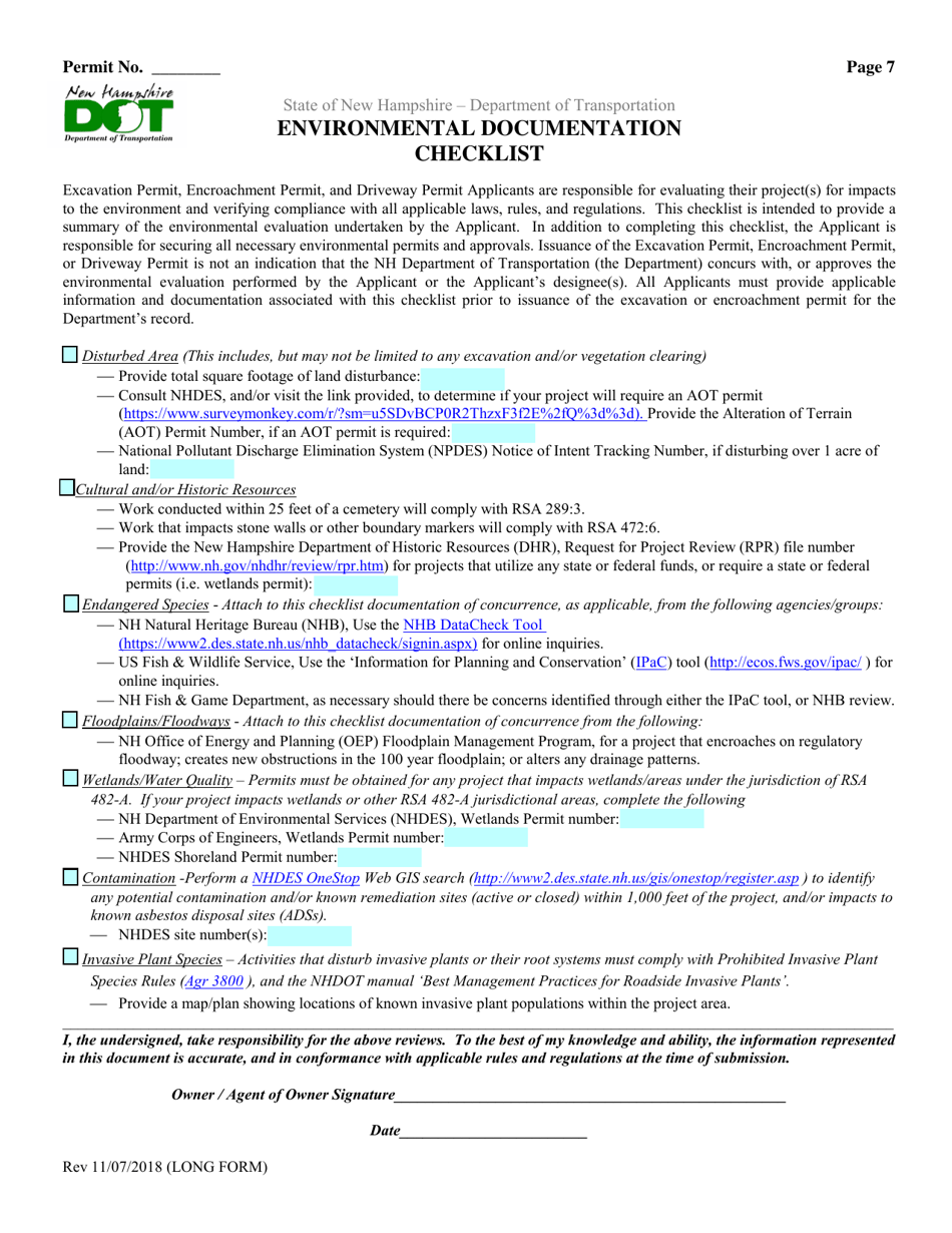 Excavation Permit (Long Form) - New Hampshire, Page 7