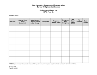Document preview: EIP- Form 8B Environmental Event Log - New Hampshire
