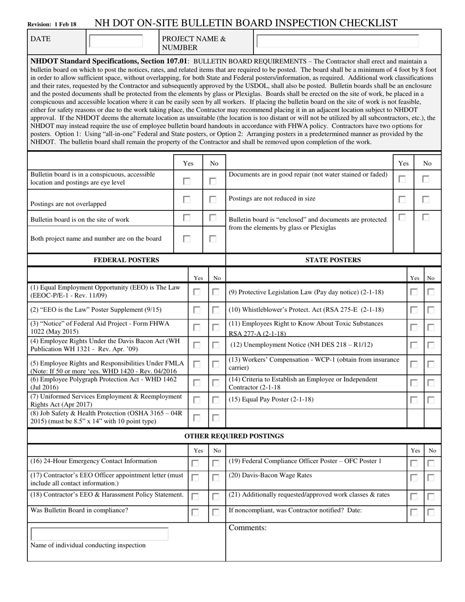 Nh Dot on-Site Bulletin Board Inspection Checklist - New Hampshire, Page 1