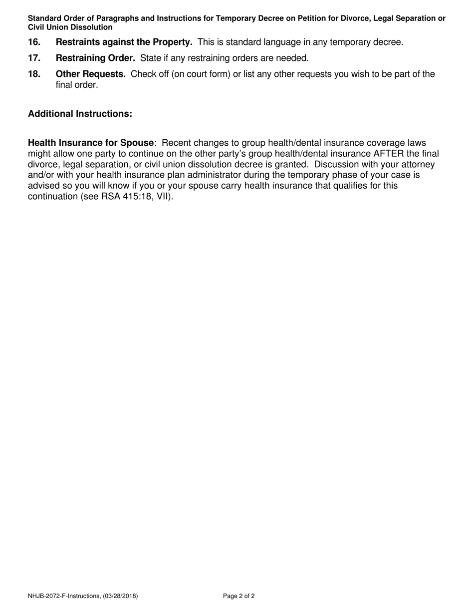Instructions for Form NHJB-2072-F Temporary Decree on Petition for Divorce, Legal Separation, or Civil Union Dissolution - New Hampshire, Page 2
