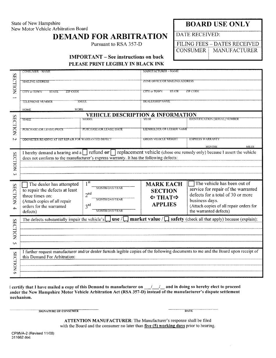 Form CPMVA-2 Demand for Arbitration - New Hampshire, Page 1