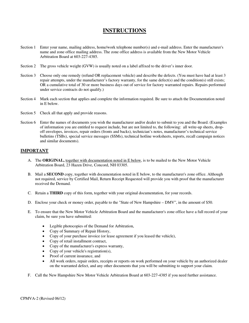 Form CPMVA-2 Demand for Arbitration - New Hampshire, Page 2