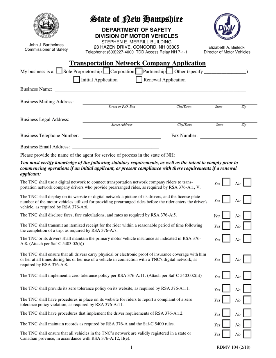 Form RDMV104 Transportation Network Company Application - New Hampshire, Page 1
