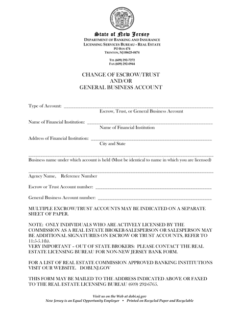 Change of Escrow / Trust and / or General Business Account - New Jersey Download Pdf
