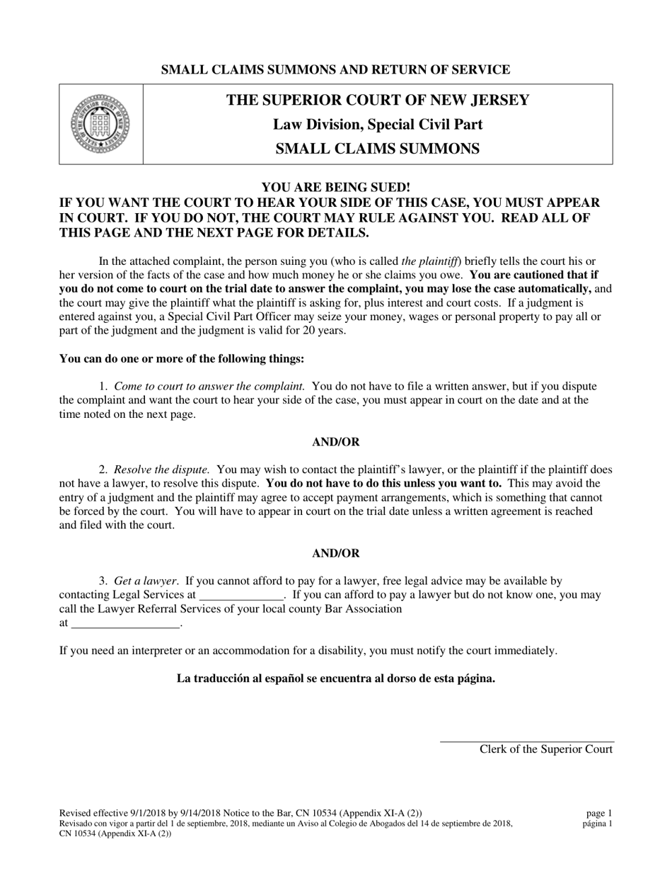 Form 10534 Appendix XI-A (2) Small Claims Summons and Return of Service - New Jersey (English / Spanish), Page 1