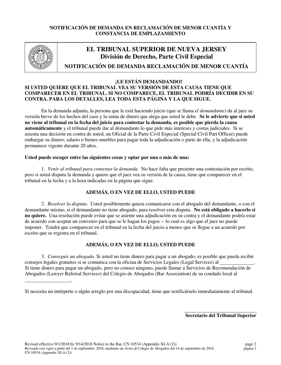 Form 10534 Appendix XI-A (2) Small Claims Summons and Return of Service - New Jersey (English / Spanish), Page 2