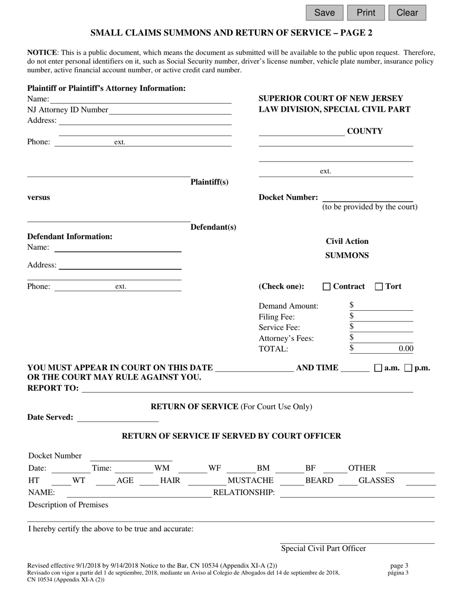Form 10534 Appendix XI-A (2) Small Claims Summons and Return of Service - New Jersey (English / Spanish), Page 3