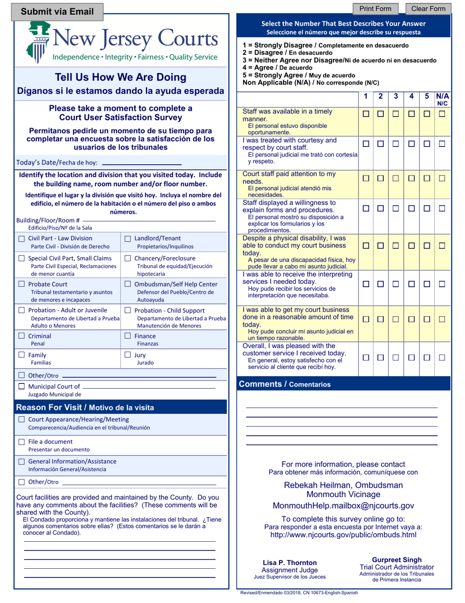 Form 10673 Court User Satisfaction Survey - Monmouth - New Jersey (English / Spanish), Page 1