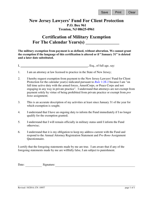 Form 10957 Certification of Military Exemption - New Jersey