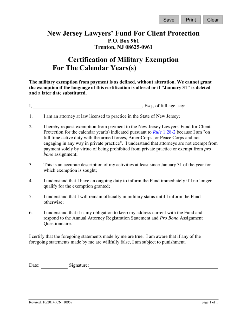 Form 10957 Certification of Military Exemption - New Jersey, Page 1