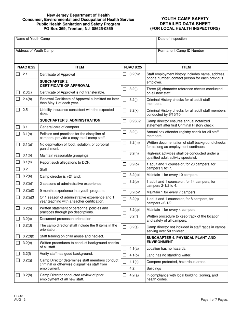 Form CB-18 Youth Camp Safety Detailed Data Sheet (For Local Health Inspectors) - New Jersey, Page 1