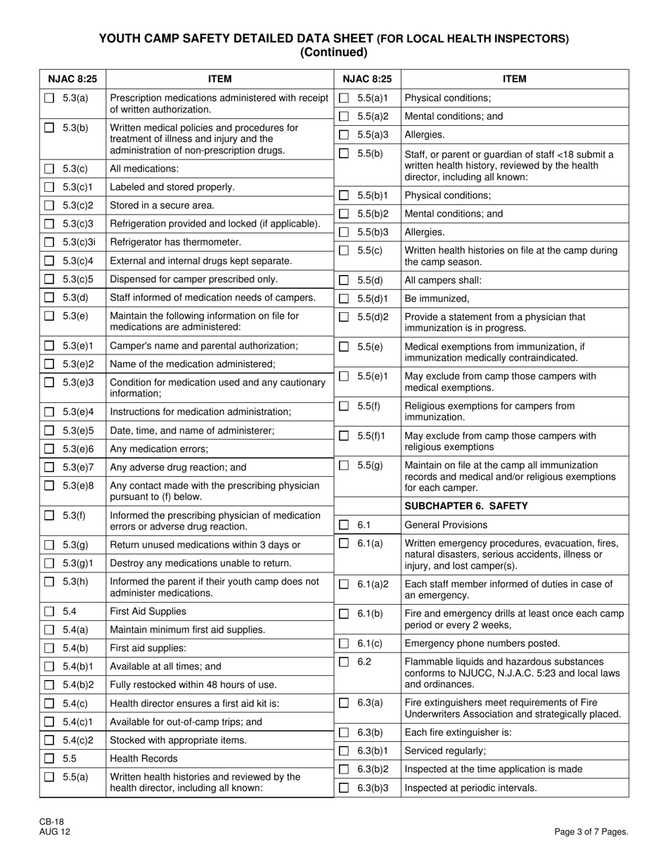 Form CB-18 Youth Camp Safety Detailed Data Sheet (For Local Health Inspectors) - New Jersey, Page 3
