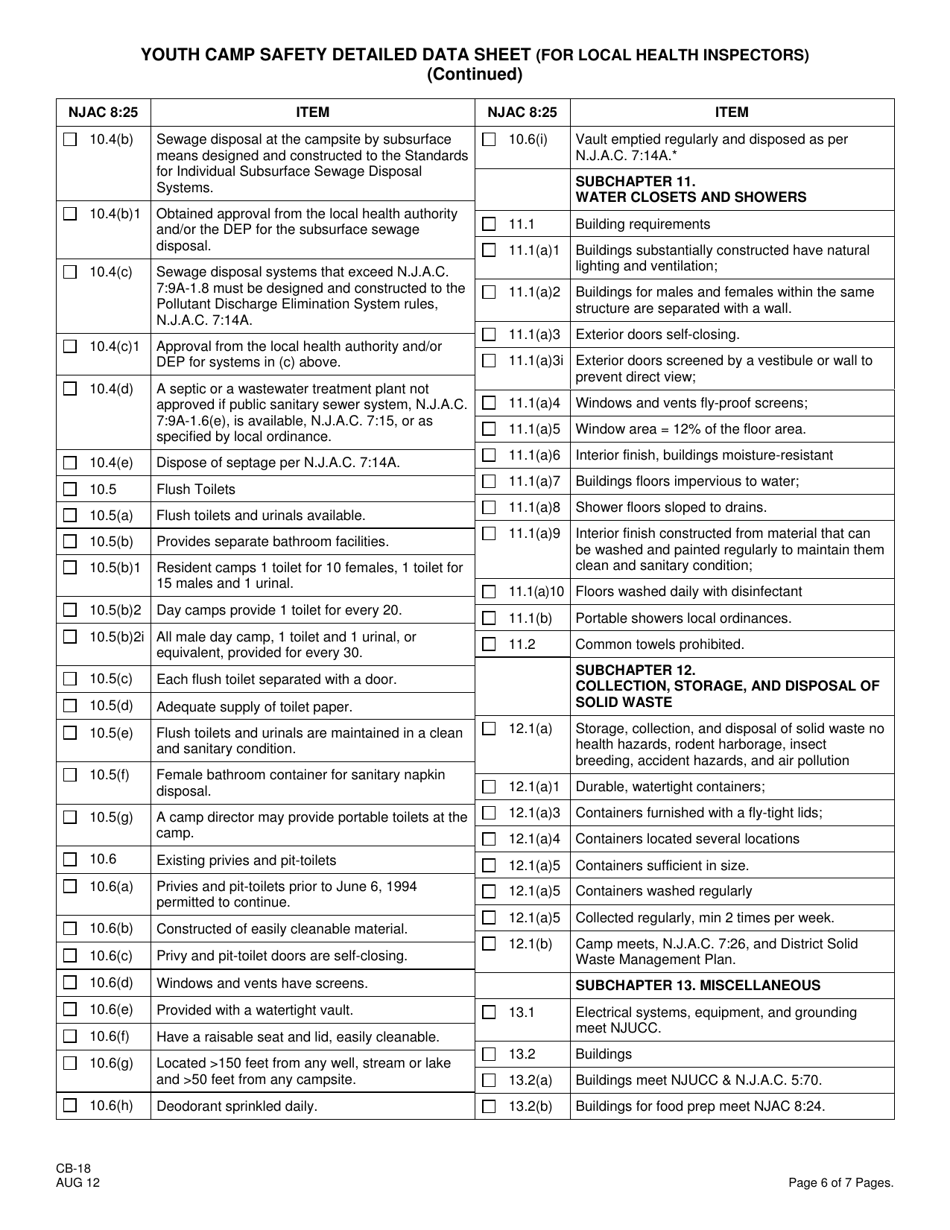 Form CB-18 Youth Camp Safety Detailed Data Sheet (For Local Health Inspectors) - New Jersey, Page 6