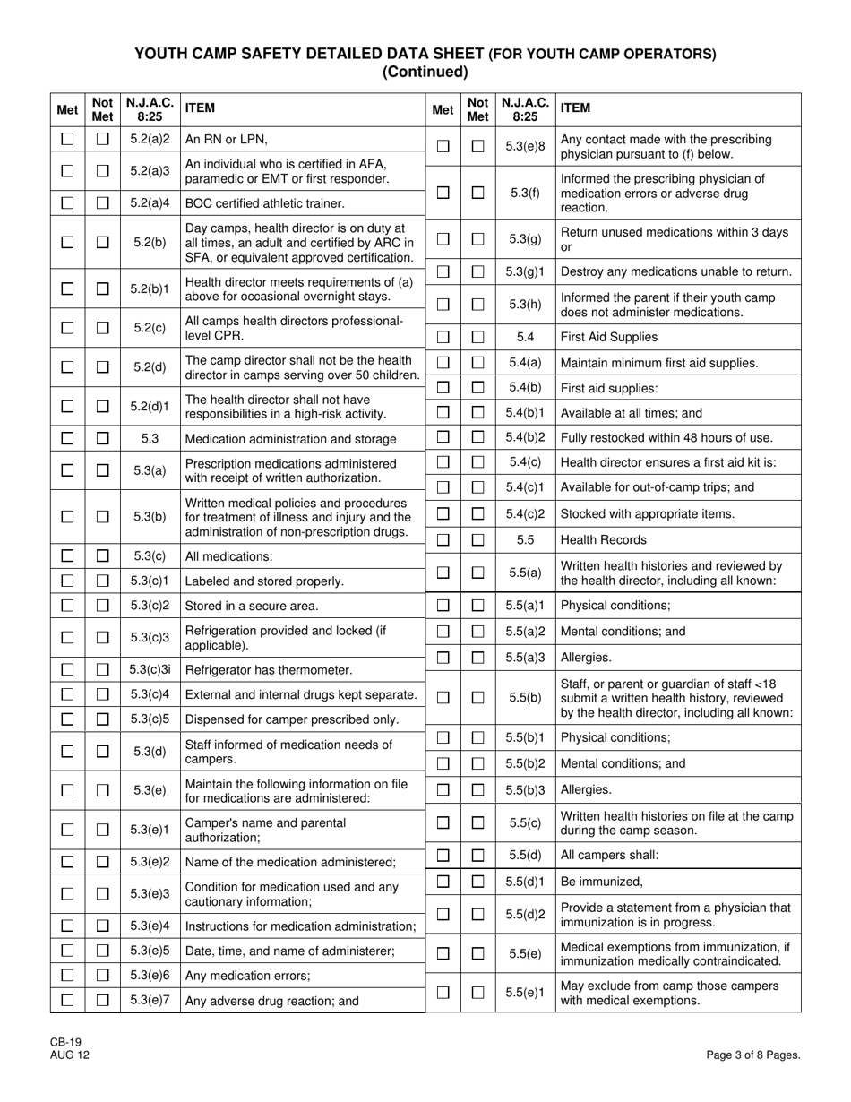 Form CB-19 Youth Camp Safety Detailed Data Sheet (For Youth Camp Operators) - New Jersey, Page 3