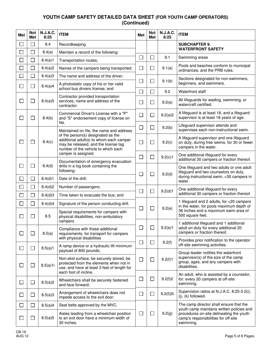 Form CB-19 Youth Camp Safety Detailed Data Sheet (For Youth Camp Operators) - New Jersey, Page 5