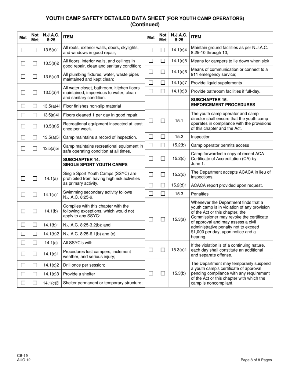 Form CB-19 Youth Camp Safety Detailed Data Sheet (For Youth Camp Operators) - New Jersey, Page 8