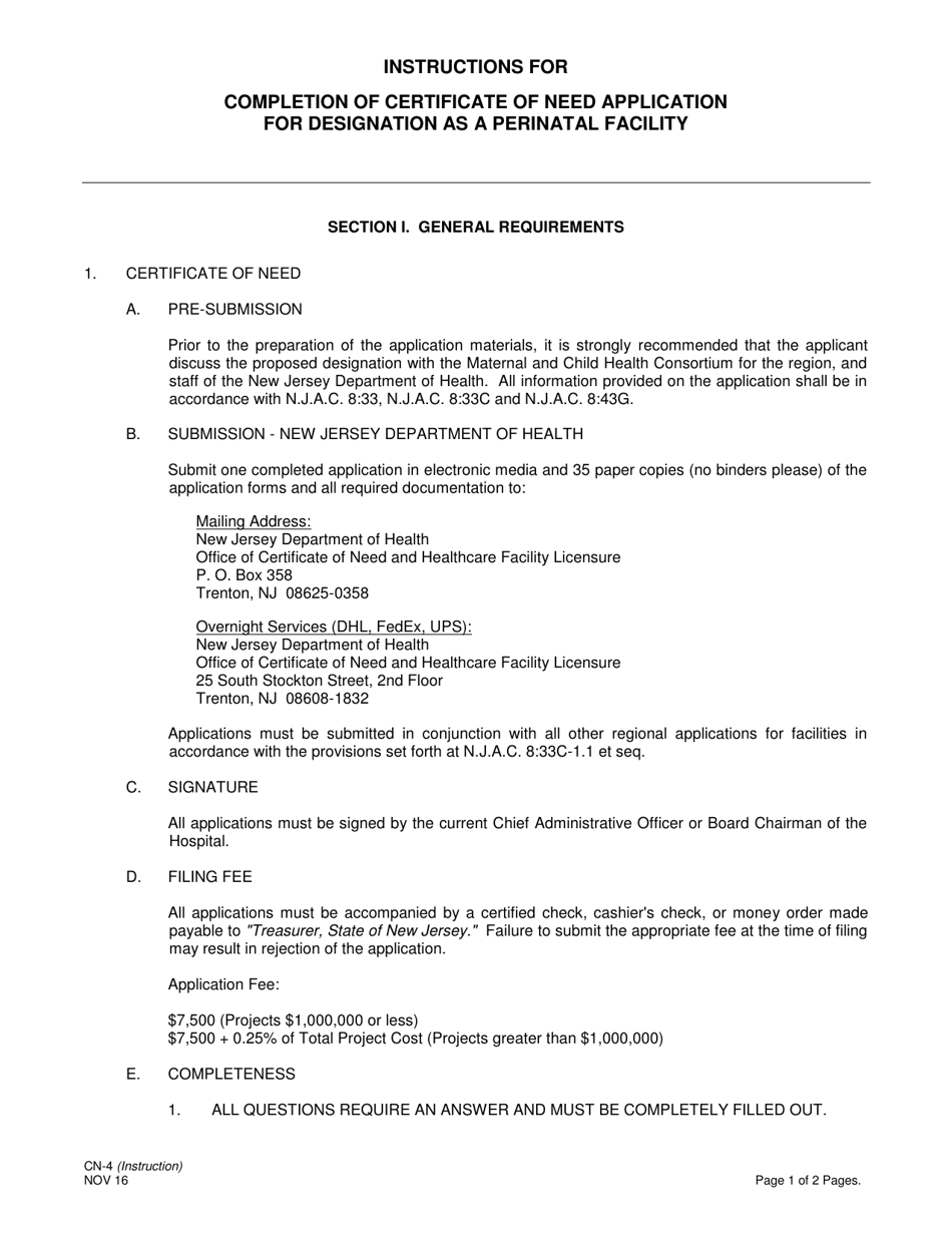 Form CN-4 Application for Certificate of Need for Designation as a Perinatal Facility - New Jersey, Page 1