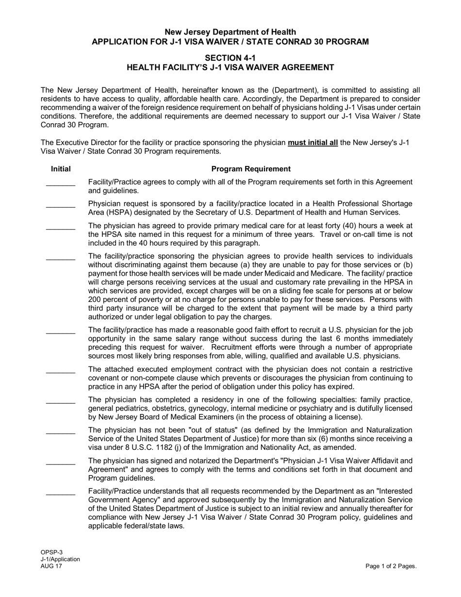 Form OPSP-3 Section 4-1 Health Facilitys J-1 Visa Waiver / State Conrad 30 Program - Agreement - New Jersey, Page 1