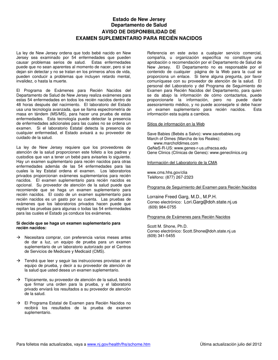 Formulario SCH-7A Aviso De Disponibilidad De Examen Suplementario Para Recien Nacidos - New Jersey (Spanish), Page 1