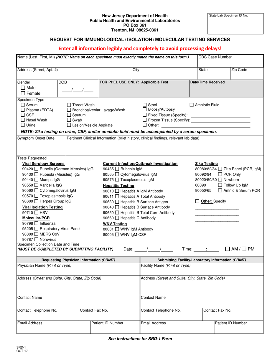 Form SRD-1 Request for Immunological / Isolation Services-Viral Testing Unit - New Jersey, Page 1