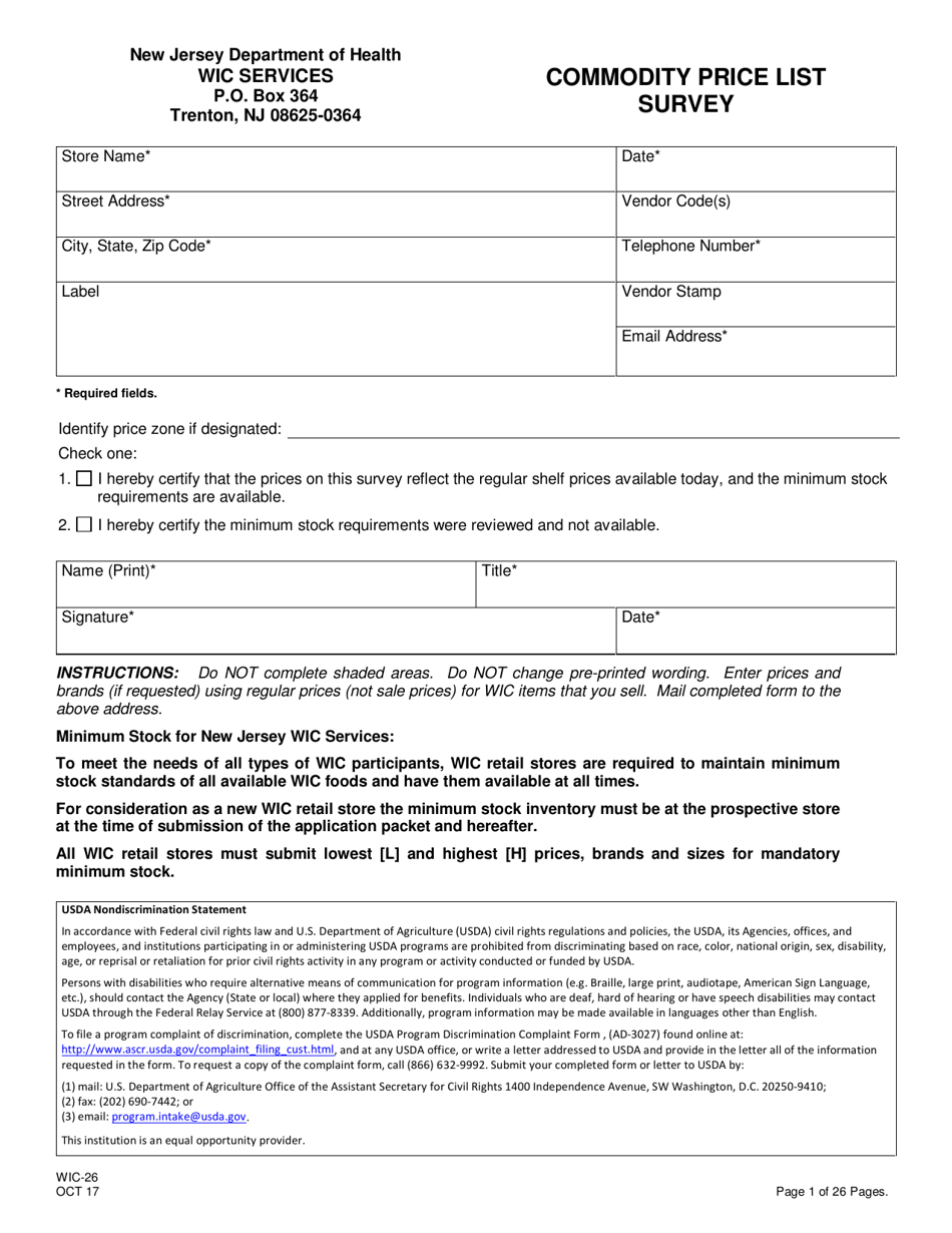 Form WIC-26 Wic Commodity Price List Survey - New Jersey, Page 1