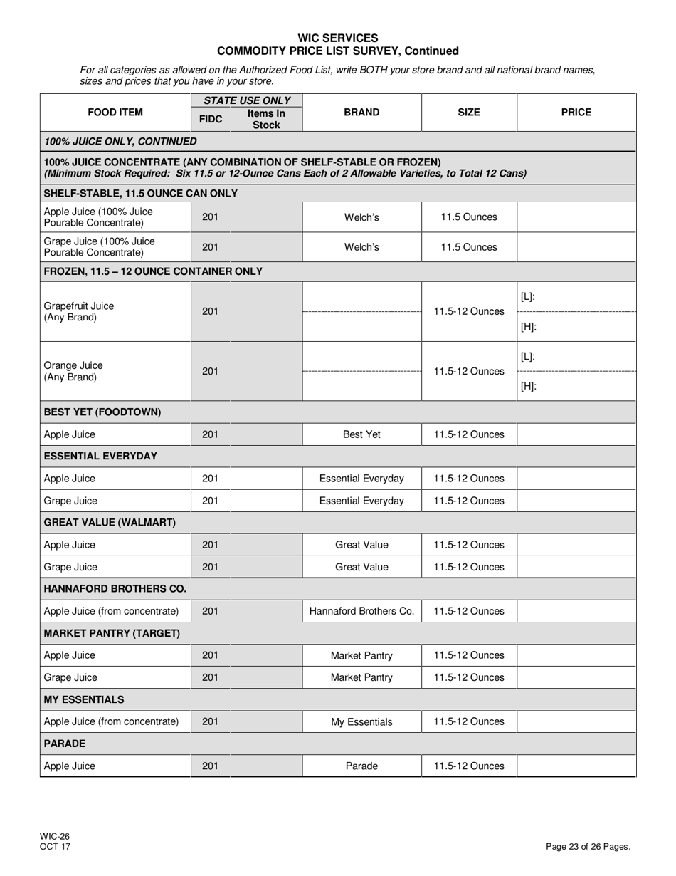 Form WIC-26 Wic Commodity Price List Survey - New Jersey, Page 23