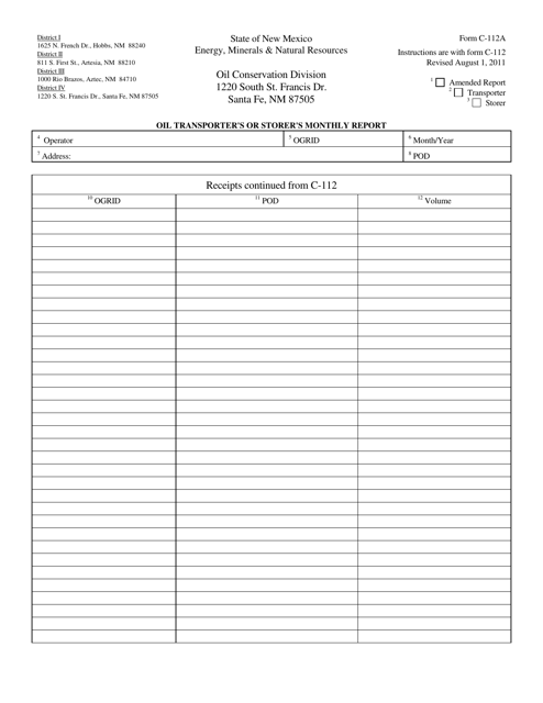Form C-112A Receipts Continuation Sheet - New Mexico