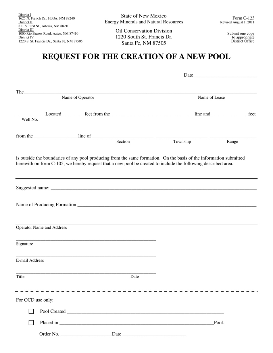 Form C-123 Request for the Creation of a New Pool - New Mexico, Page 1