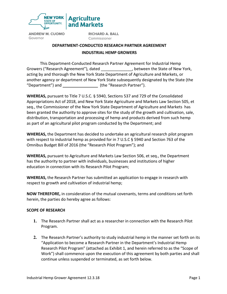 Department-Conducted Research Partner Agreement Industrial Hemp Growers - New York, Page 1