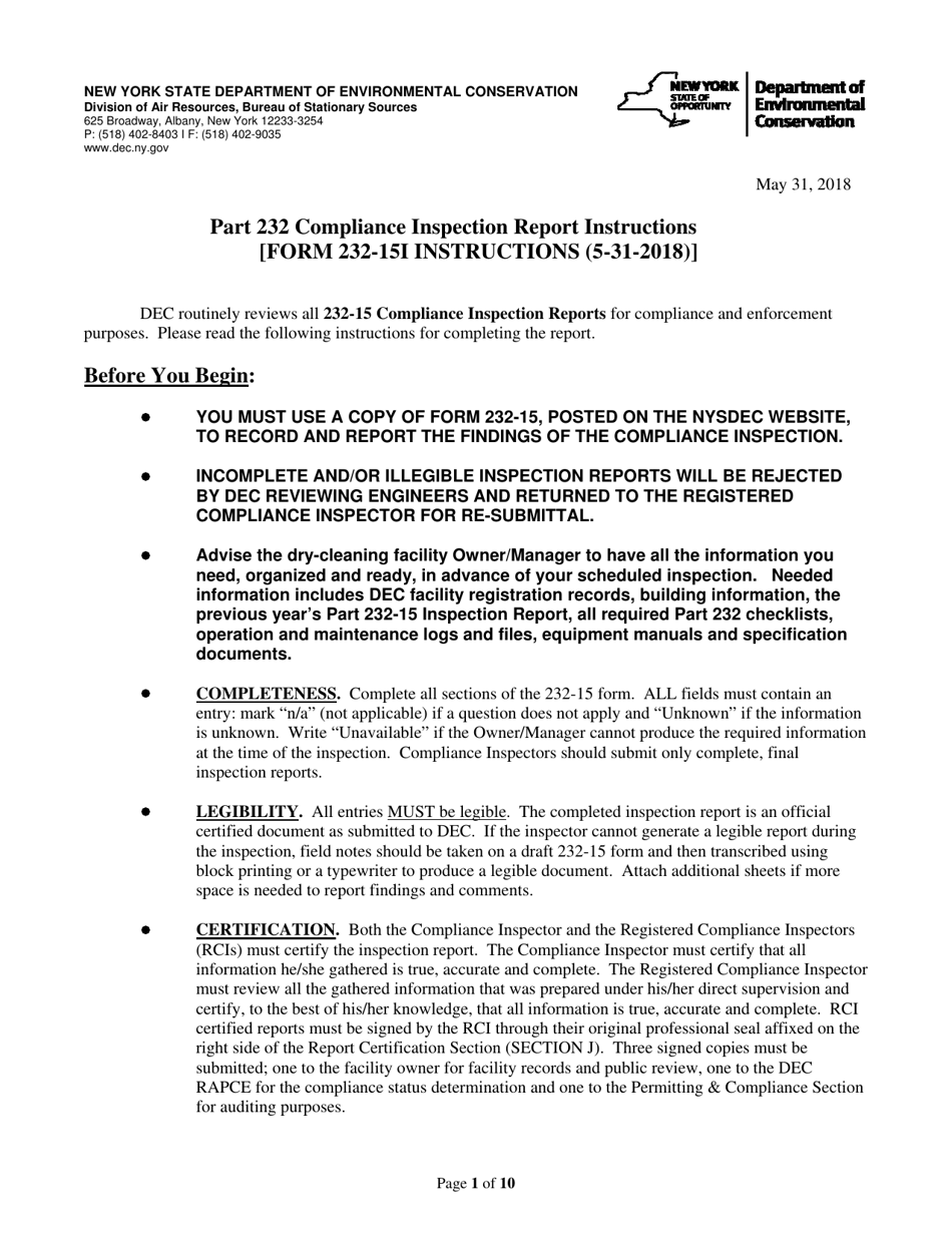 Instructions for Form 232-15 Part 232 Dry Cleaning Facility Compliance Inspection Report - New York, Page 1