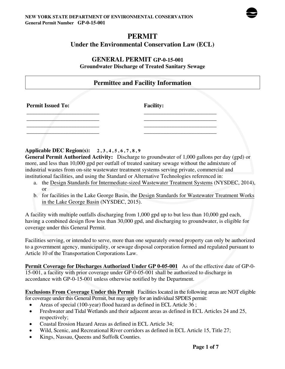 General Permit Gp-0-15-001 Groundwater Discharge of Treated Sanitary Sewage - New York, Page 1