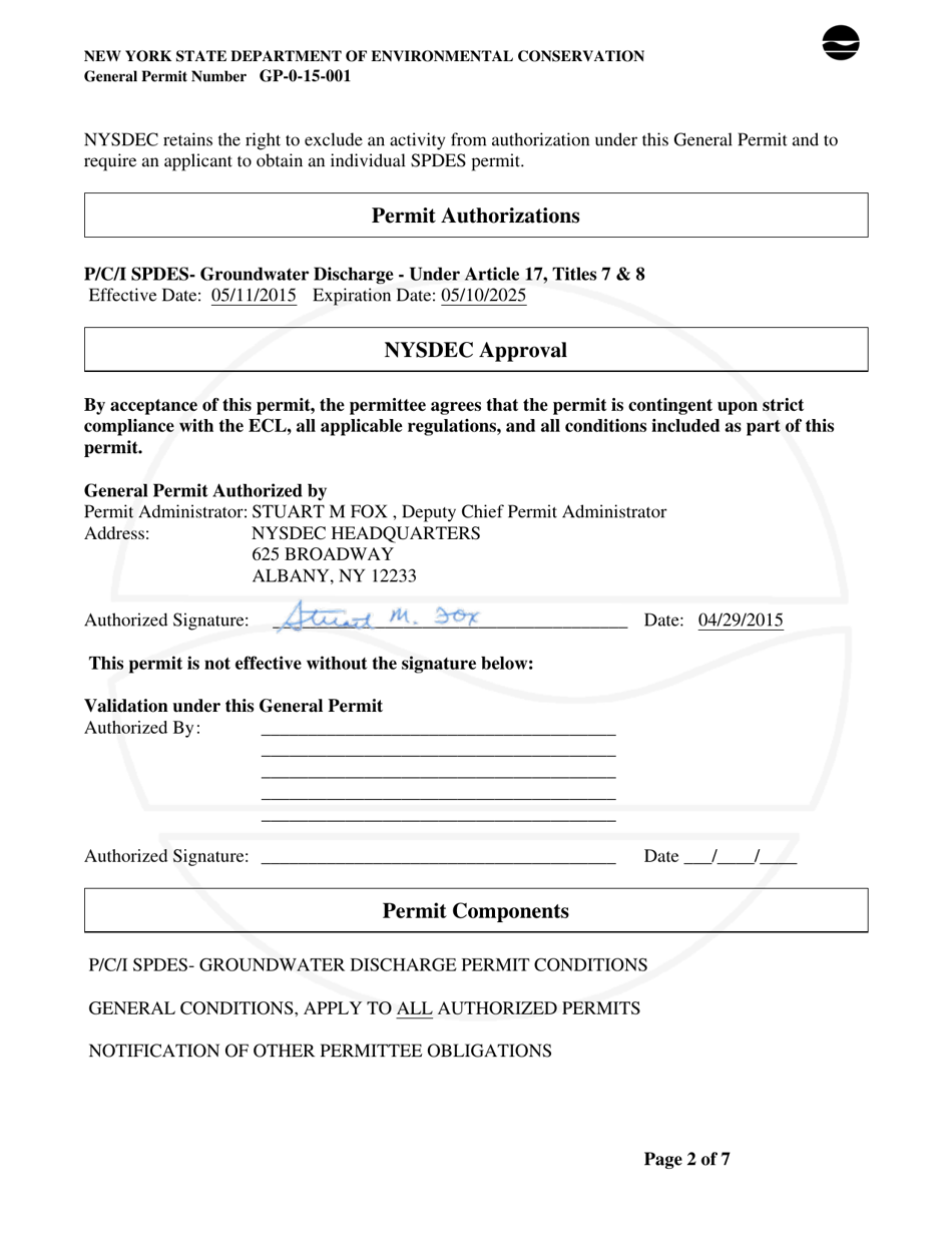 General Permit Gp-0-15-001 Groundwater Discharge of Treated Sanitary Sewage - New York, Page 2