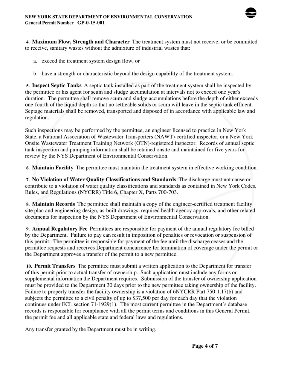 General Permit Gp-0-15-001 Groundwater Discharge of Treated Sanitary Sewage - New York, Page 4