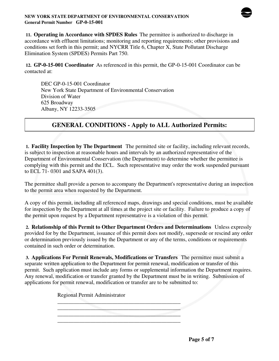 General Permit Gp-0-15-001 Groundwater Discharge of Treated Sanitary Sewage - New York, Page 5