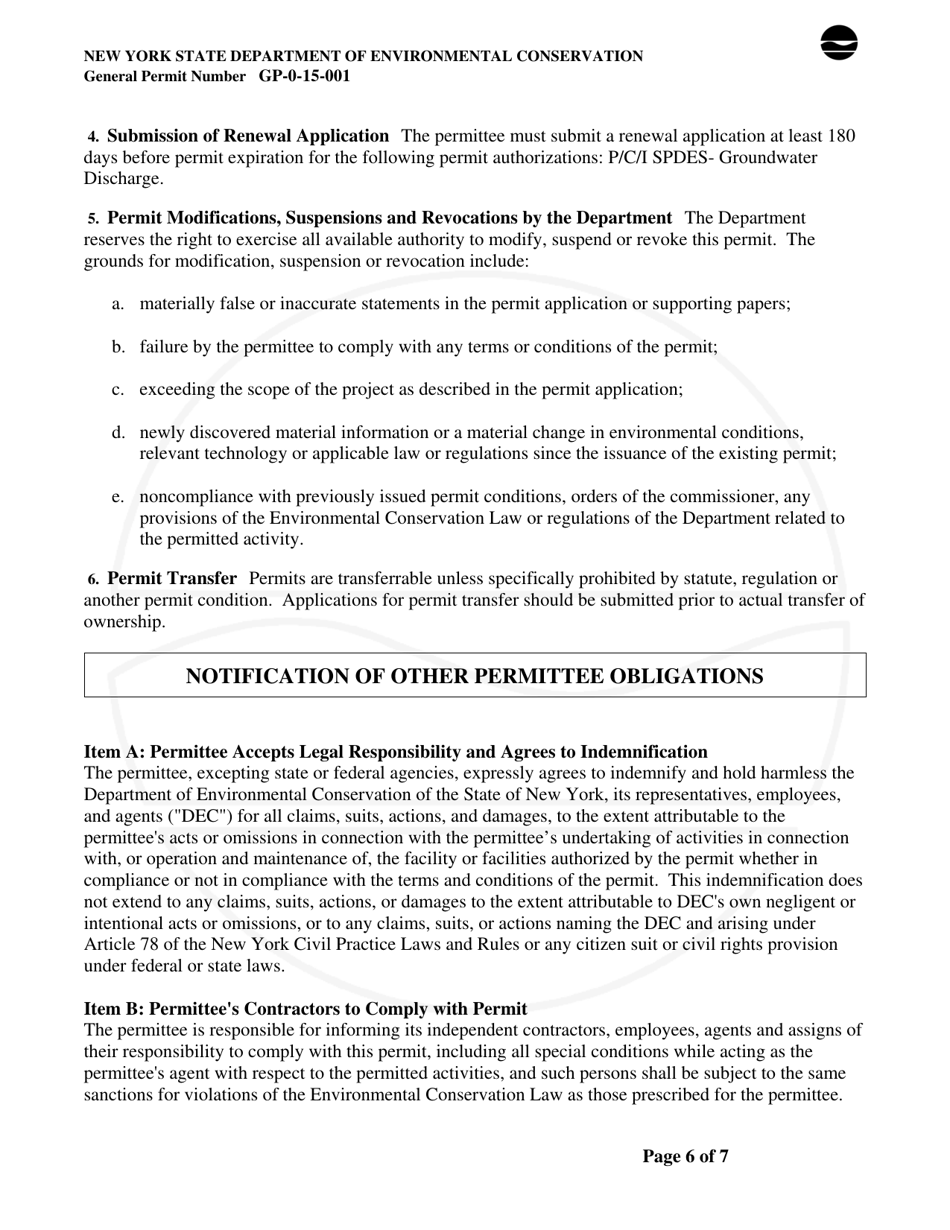 General Permit Gp-0-15-001 Groundwater Discharge of Treated Sanitary Sewage - New York, Page 6