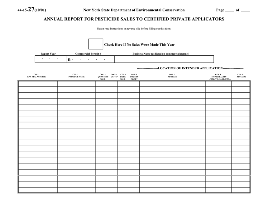 Form 44-15-27 Annual Report for Pesticide Sales to Certified Private Applicators - New York