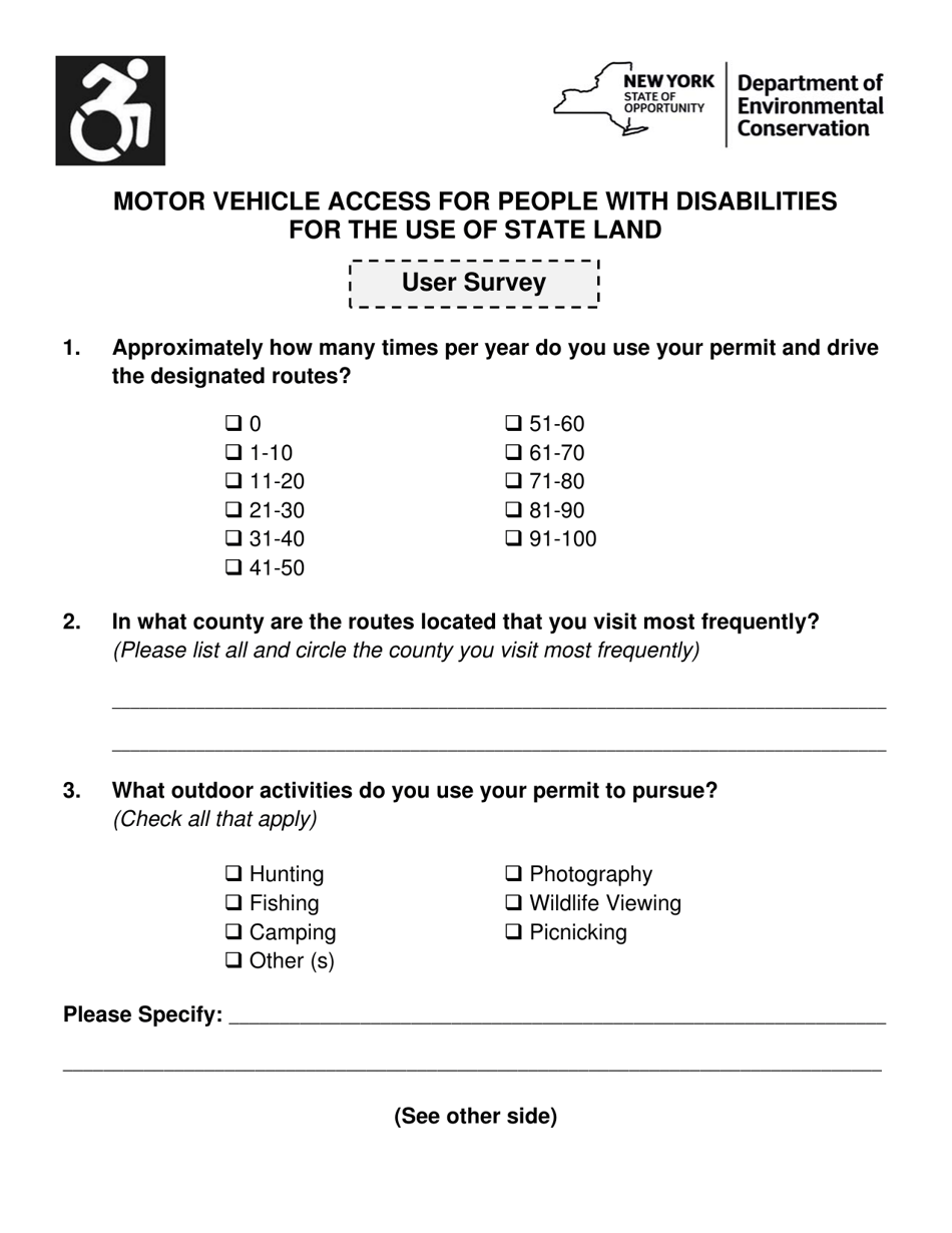 Motor Vehicle Access for People With Disabilities for the Use of State Land User Survey - New York, Page 1