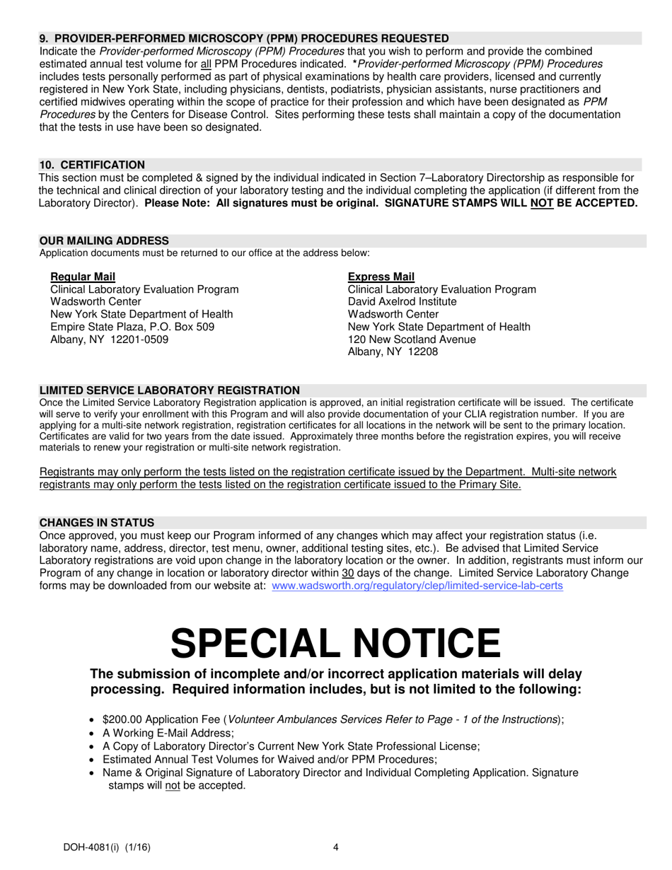 Instructions for Form DOH-4081 Initial Limited Service Laboratory Registration Application - New York, Page 4