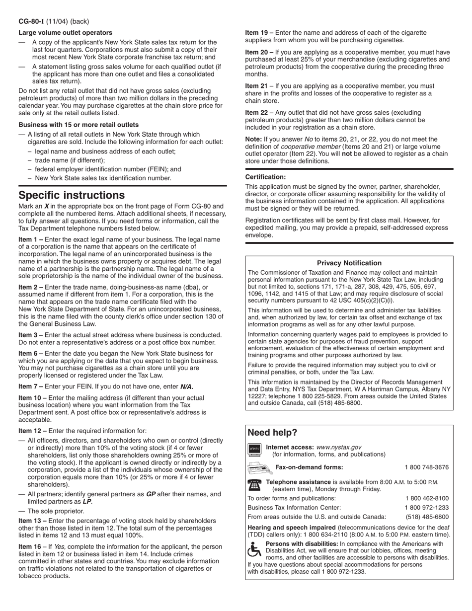 Instructions for Form CG-80 Application for Registration as a Chain Store - New York, Page 2