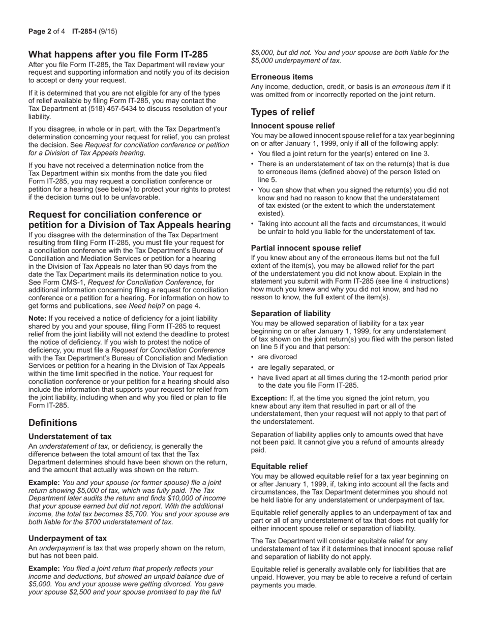 Instructions for Form IT-285 Request for Innocent Spouse Relief (And Separation of Liability and Equitable Relief) - New York, Page 2