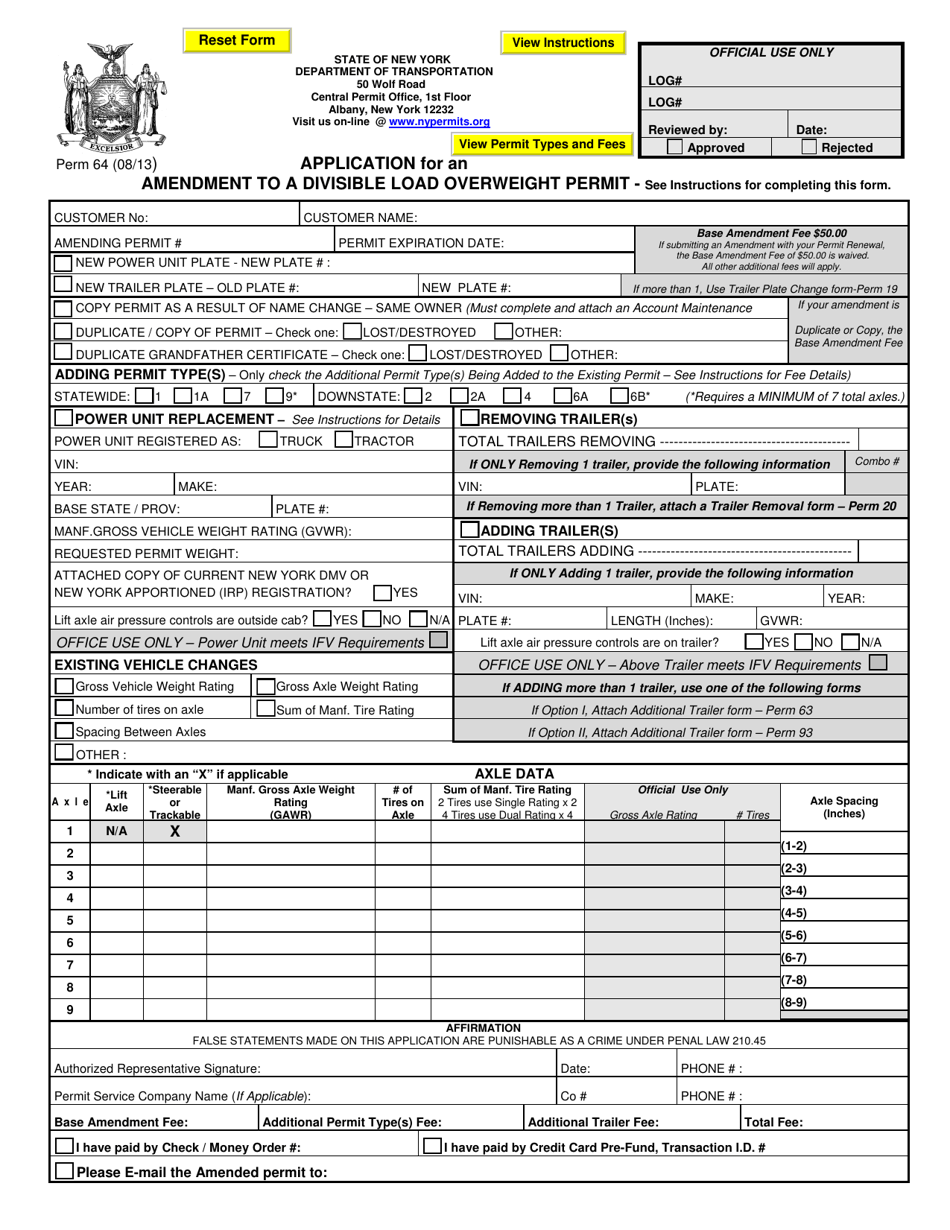 Form PERM64 Application for an Amendment to a Divisible Load Overweight Permit - New York, Page 1