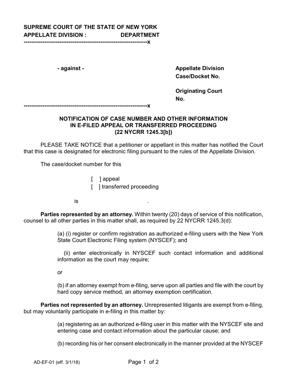 Form AD-EF-01 Notification of Case Number and Other Information in E-Filed Appeal or Transferred Proceeding - New York, Page 1