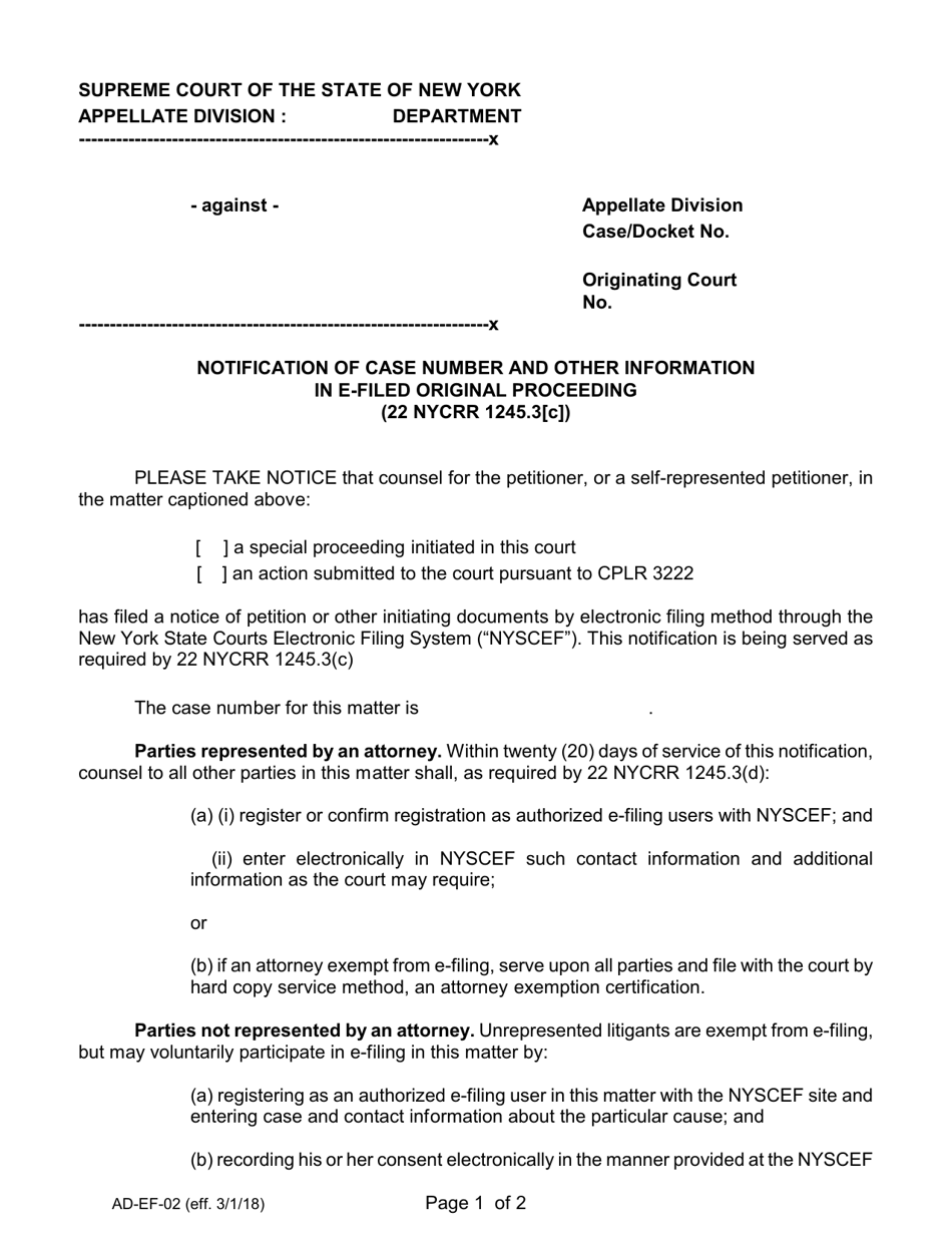 Form AD-EF-02 Notification of Case Number and Other Information in E-Filed Original Proceeding - New York, Page 1