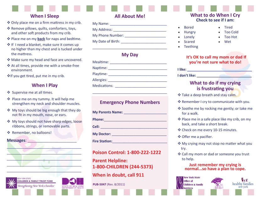 Form PUB-5047-CH Personalized Safety Tips and Emergency Contact Sheet for Baby Sitters - New York (English/Chinese)