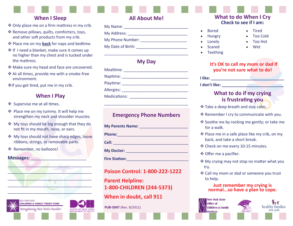 Form PUB-5047-CH Personalized Safety Tips and Emergency Contact Sheet for Baby Sitters - New York (English / Chinese), Page 1