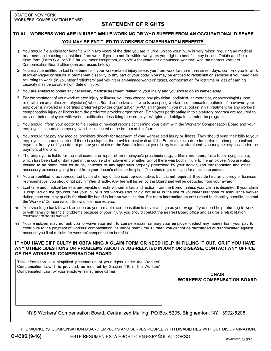 Form C-430S Statement of Rights - New York (English / Spanish), Page 1