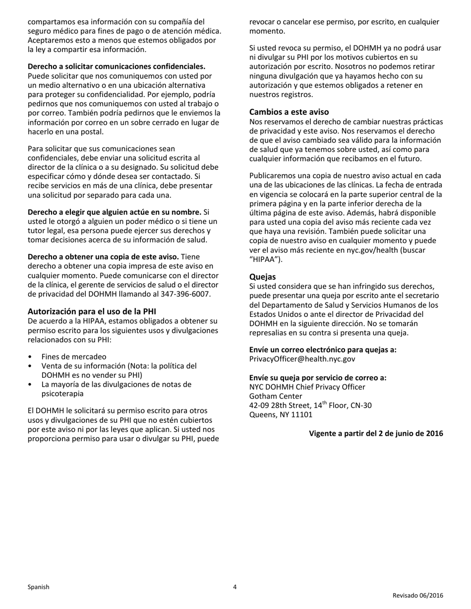 Aviso De Practicas De Privacidad Acuse De Recibo - New York City (Spanish), Page 4